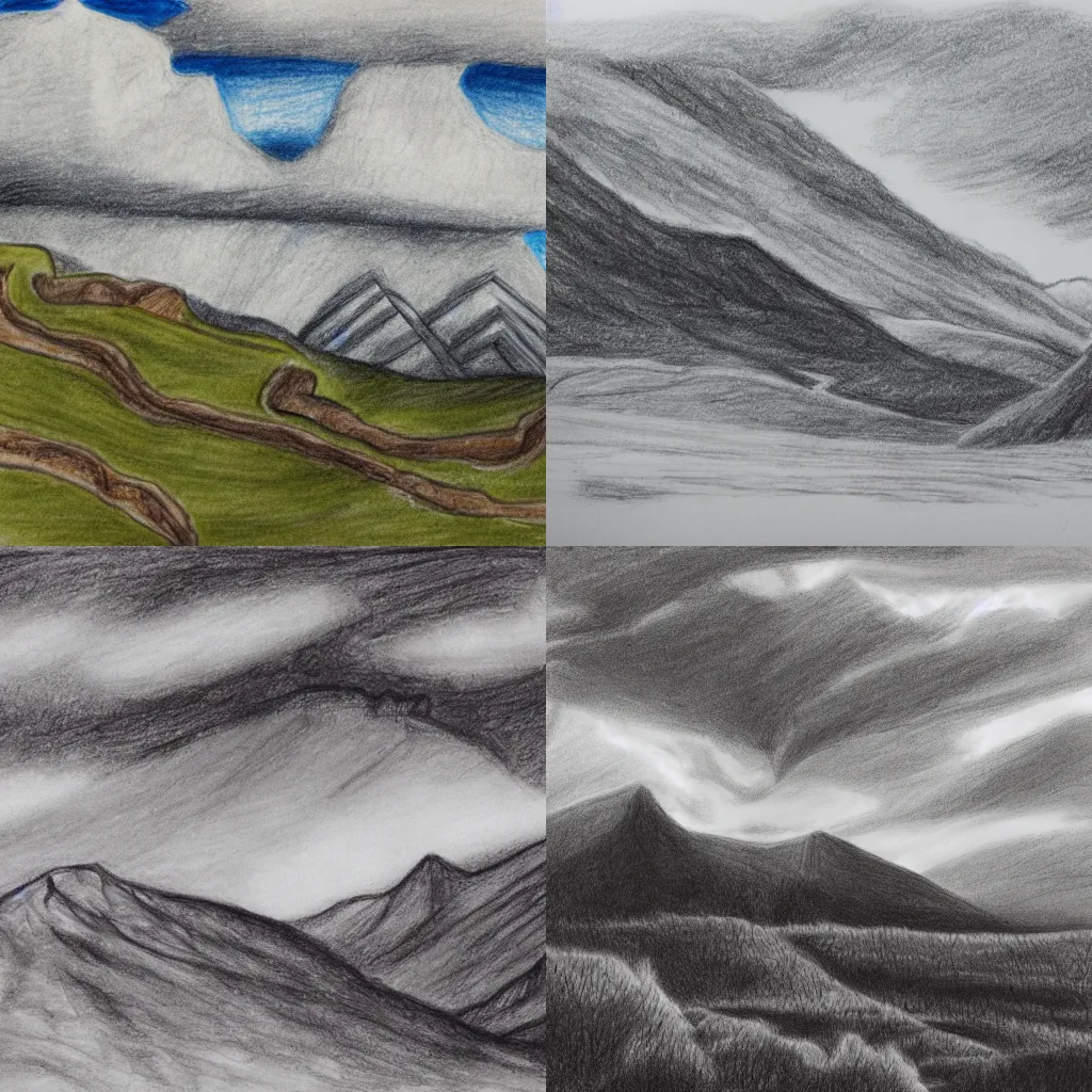 Prompt: landscape drawing, approaching storm over a mountain ridge