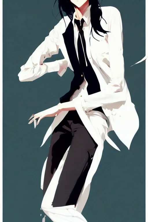 Image similar to a ultradetailed beautiful panting of a stylish woman, she is wearing a white shirt with a tie and black pants, by conrad roset, greg rutkowski and makoto shinkai trending on artstation