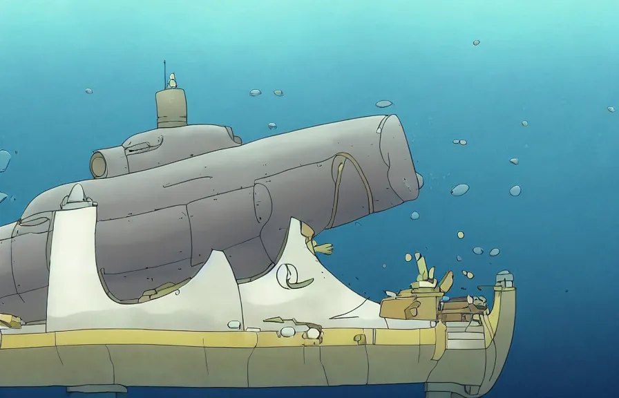 Image similar to a realistic studio ghibli cell shaded cartoon showing an underwater submarine. in the background is a white pyramid with a gold capstone underwater at the bottom of the sea. wide shot, very dull muted colors, hd, 4 k, hq