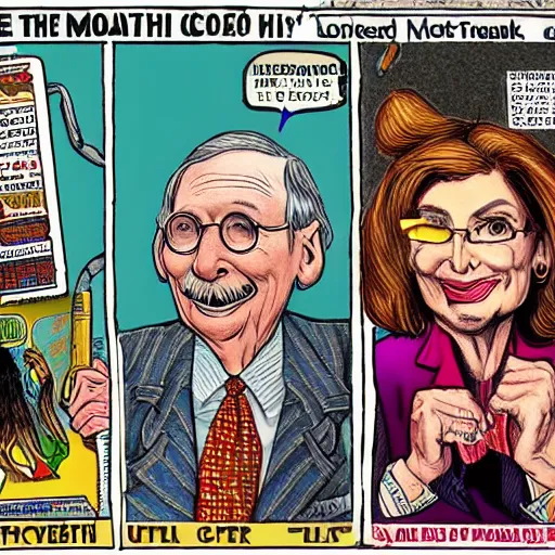 Image similar to The Artwork of R. Crumb and his Cheap Suit Mitch McConnell and Nancy Pelosi, pencil and colored marker artwork, trailer-trash lifestyle