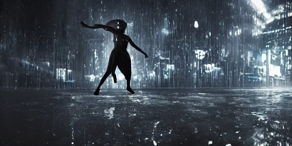 Image similar to slow motion with trail effect of futuristic break dancer wearing floating long dress, long exposure shot , at night in the middle of a rainy street, paddle of water, steam, fog, water splashes, rim lights, glossy reflections, water droplets on lens, octane render, dark and dramatic, explosion in the background, detailed and soft, fisheye