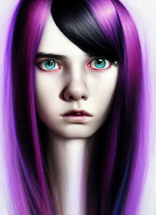 Image similar to hair whitebangs hair, black hair, whitebangs, portrait of teenage girl with white bangs, red irises, purple clothes, white bangs, bangs are different color from hair, intricate, elegant, glowing lights, highly detailed, digital painting, artstation, concept art, smooth, sharp focus, illustration, art by wlop, mars ravelo and greg rutkowski