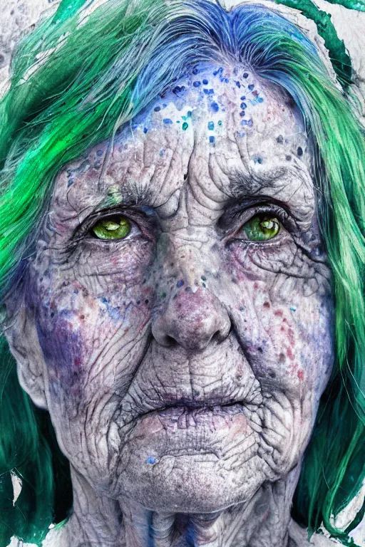 Image similar to portrait of a old person with aquarelle painted skin. close up, very dark blue-green hair, luminous eyes, dark flower pattern wallpaper background, high detail, by Eddie Mendoza