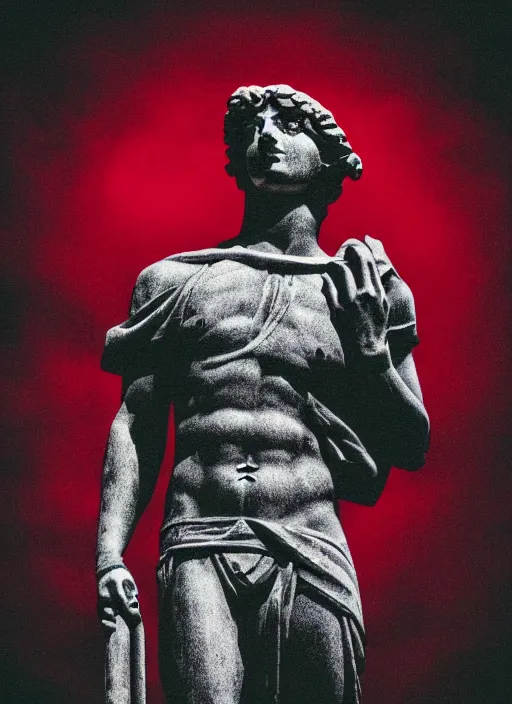 Prompt: black background, grey greco roman statue, thin red lines, gritty, dark, thin lines, vaporwave