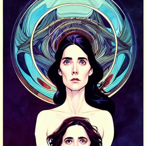 Image similar to in the style of Joshua Middleton comic art, goddess of death, Jennifer Connelly, perfect eyes perfect symmetrical eyes, symmetrical face, painterly style