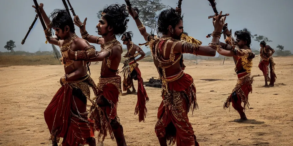 Image similar to sri lankan mad max style, sri lankan kandyan dancers, film still, epic shot cinematography, rule of thirds