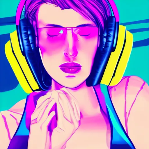 Image similar to synthwave girl wearing headphones, animated, trending on artstation, portrait