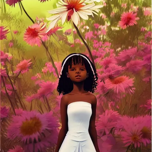 Prompt: little african girl with flowers in hair wearing an white dress. art by ilya kuvshinov, profile picture, inspired in hirohiko araki, realistic, highly detailed, 8 0 s anime art style, vogue cover