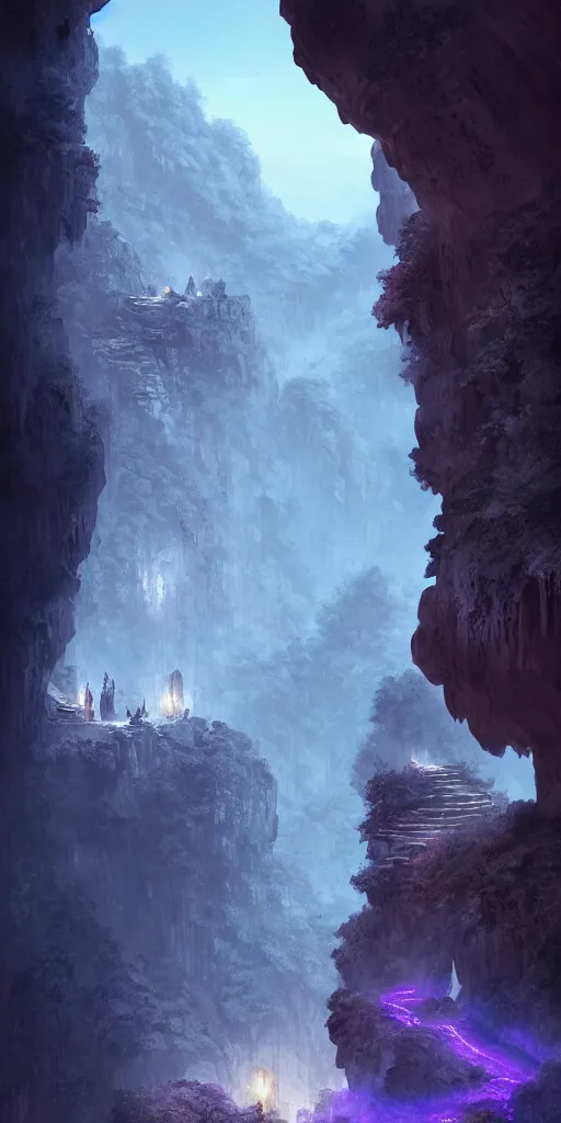 Prompt: Gorge in the mountain, white stone temple ruins, night dramatic lighting, blue and purple tones, wide camera angle, matte painting, trending on ArtStation, concept art, delightful surroundings, high detail, sharp contrast, picturesque