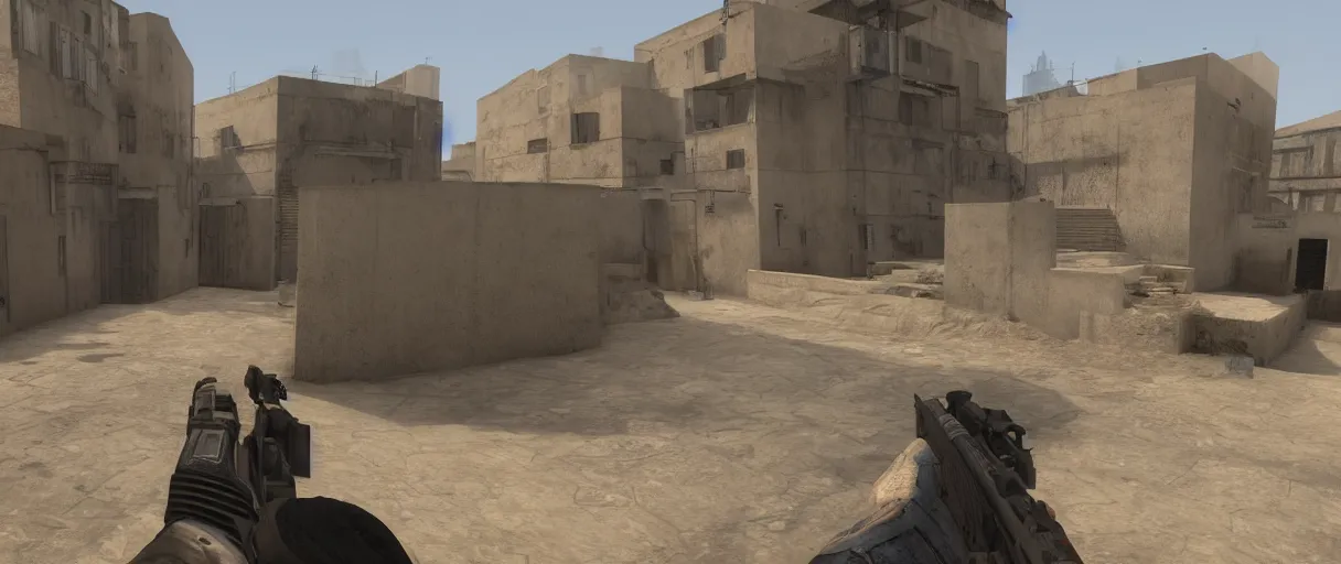 Prompt: a wide shot of dust 2 from Counter Strike: Global Offensive, beautiful, stunning, serene, volumetric light, volumetric clouds, photography, color, intricate, extremely detailed, photorealistic, unreal engine 5