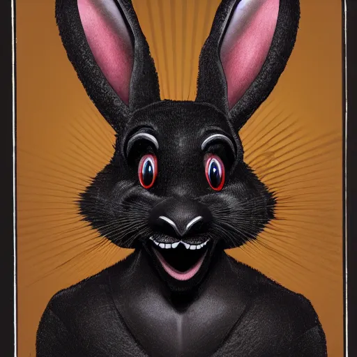 Image similar to A extremely highly detailed majestic hi-res beautiful, highly detailed head and shoulders portrait of a scary terrifying, horrifying, creepy black cartoon rabbit with scary big eyes, earing a shirt laughing, hey buddy ole pal, let's be friends, in the style of Walt Disney