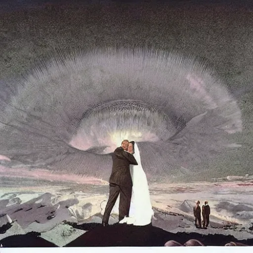 Image similar to i wouldn't marry you if you were the last man on earth!, apocalypse wedding, crying sad miserable unhappy bride, laughing groom, doomsday, radiation, nuclear holocaust by robert mcginnis and chesley bonestell