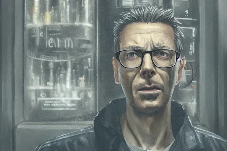 Prompt: a realistic cinematic headshot portrait of an evil scientist, stood outside a corner shop, foggy, detailed, depth of field, movie still, dramatic lighting, by krenz cushart