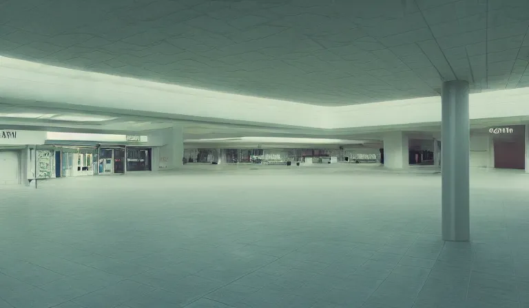 Prompt: a beautiful, sharp focus, clean lines. the interior of a vast deserted 1 9 8 0's shopping mall. vaporwave ombre rendering. outrun style. trending on artstation. recommended for you behance. wes anderson colors. by chris moore. by edward hopper. ambient occlusion. digital matte painting. metropolis filmic. gotham city.