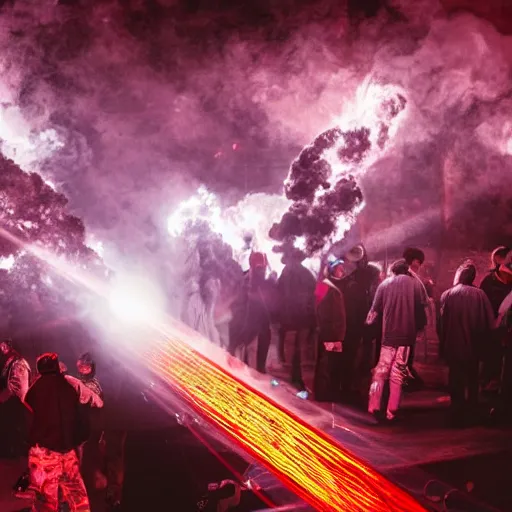 Image similar to giant group smoke bodies, lasers, darkness, from behind, wide angle, elaborate, smoke, red dot, highly detailed, beautiful lighting