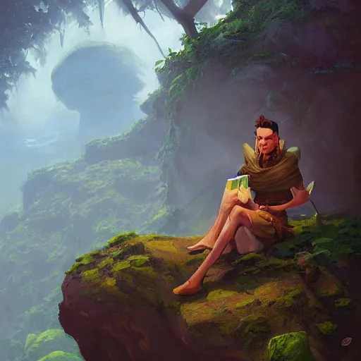 Image similar to a painting of a pilot sitting in a rock on a jungle!, an ultrafine detailed painting by mandy jurgens, featured on deviantart, fantasy art, 2 d game art, ilya kuvshinov, steampunk