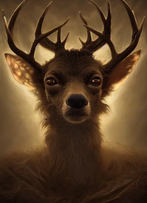 Image similar to deer chihuahua huge ominous glowing brown eyes staring into my soul, perfect eyes, soft pale golden skin, intricate stunning highly detailed, Agostino Arrivabene, Tomasz Strzalkowski, twisted bright lucid dream, 8k portrait render, angel wings, swirling thick smoke , beautiful lighting, dark fantasy art, cgsociety