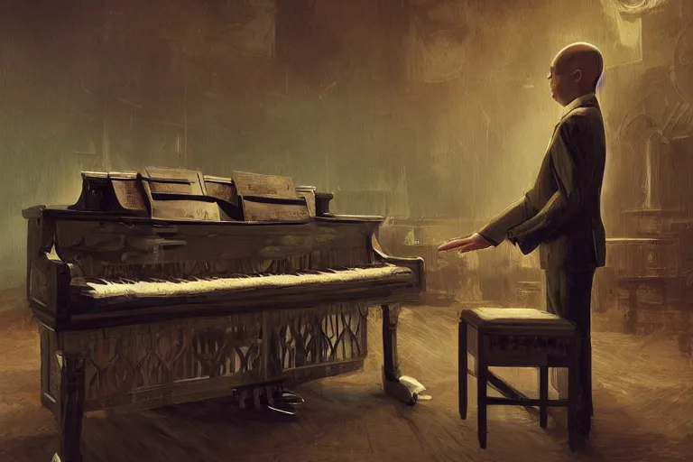 Prompt: an expressive portrait of agent 4 7 playing the piano in a monastery, dark background, red rim light, digital art, artstation, concept art by giger stalenhag