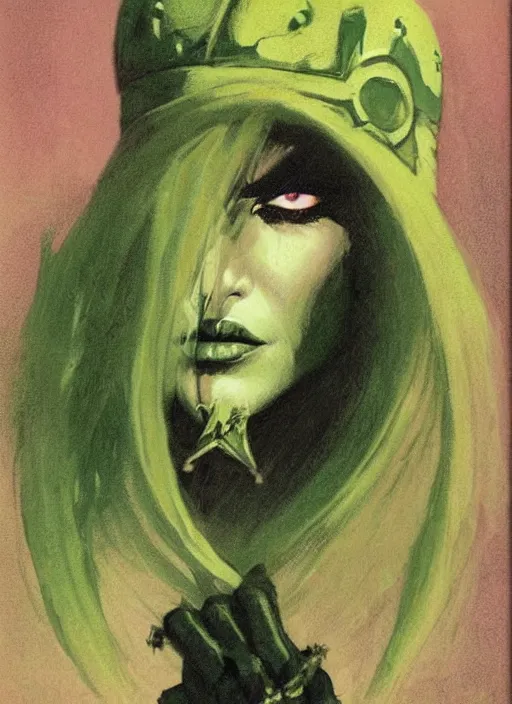 Image similar to mighty plump female necromancer sorceress, green tiara, strong line, muted color, beautiful! coherent! by frank frazetta, by brom