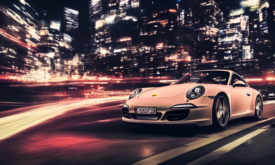 Image similar to photo of a porsche 911 at night driving fast through a city, cinematic, 4k, long exposure photography, tokyo drift, fast and furious, film still, night photography, motion blur, lens flare