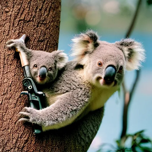 Prompt: photo of koala holding a rifle, cinestill, 8 0 0 t, 3 5 mm, full - hd