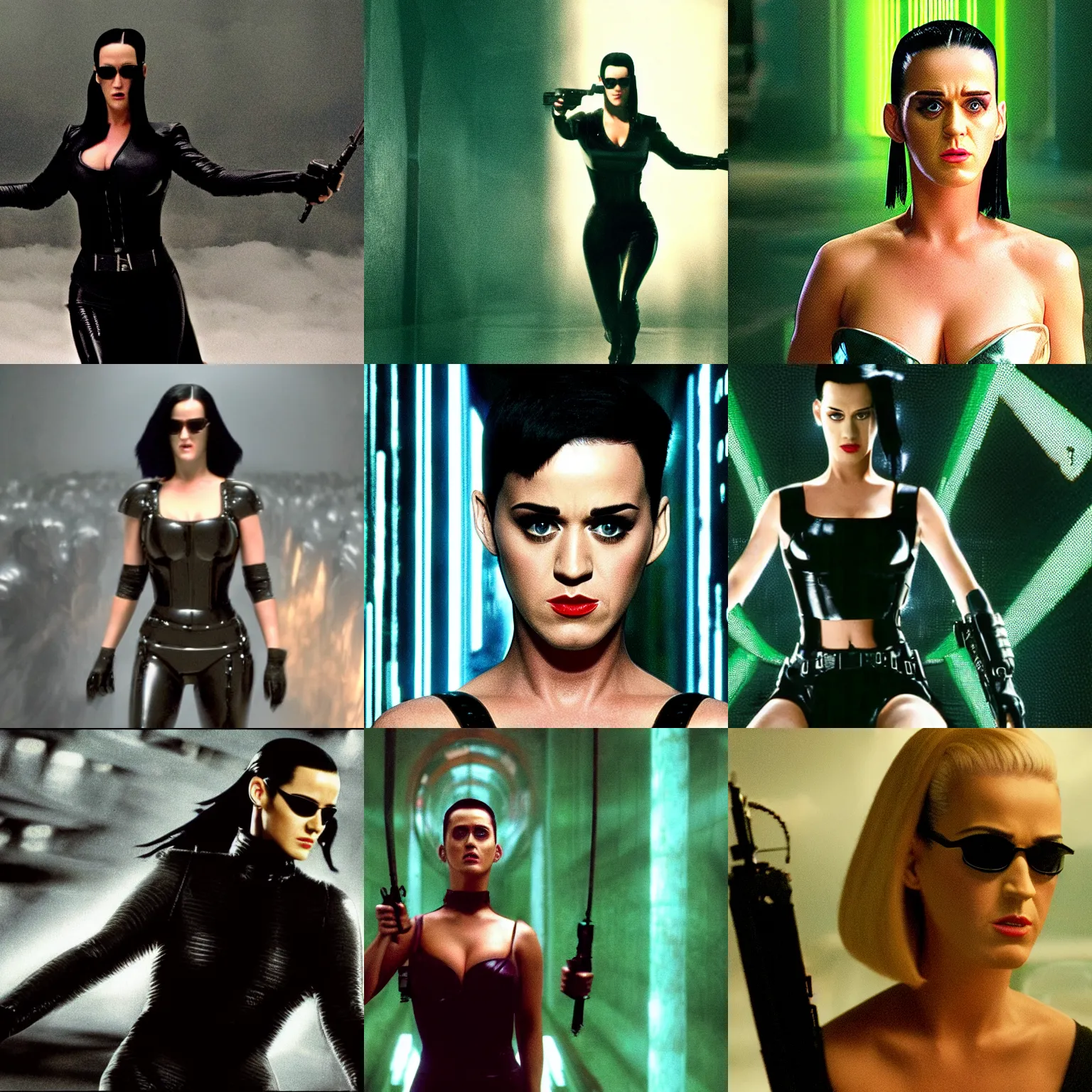 Prompt: film still of Katy Perry as Trinity in The Matrix, 4k