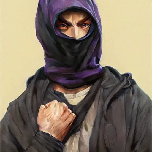 Image similar to ultra realistic illustration, man in a black hood, in a striped purple balaclava, mysterious, highly detailed, digital painting, artstation, concept art, smooth, sharp focus, illustration, art by artgerm and greg rutkowski and alphonse mucha