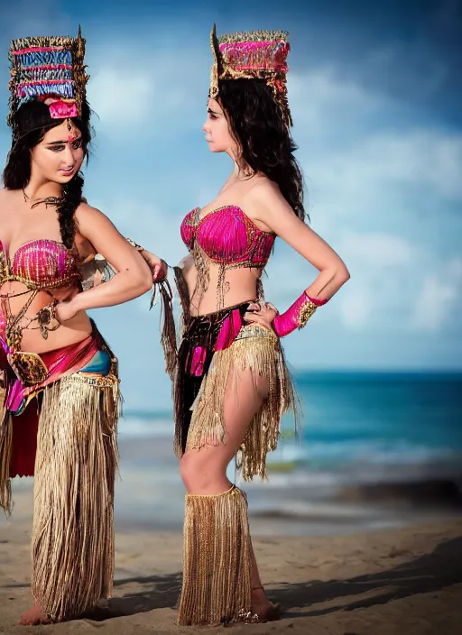 Image similar to portrait of demi rose and gal gadot as belly dancers in bali, by charlotte grimm, natural light, detailed face, beautiful features, symmetrical, canon eos c 3 0 0, ƒ 1. 8, 3 5 mm, 8 k, medium - format print, half body shot