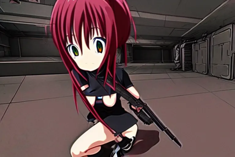 Image similar to an anime girl in a screenshot of the video game doom, the anime girl is crouching