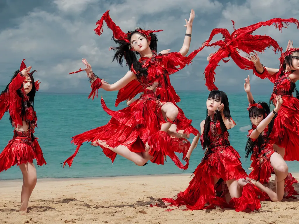 Prompt: babymetal 3 beautiful members performing on a tropical beach beautiful scenery, highly detail face, dynamic pose, High Definition detail, 8K, photography