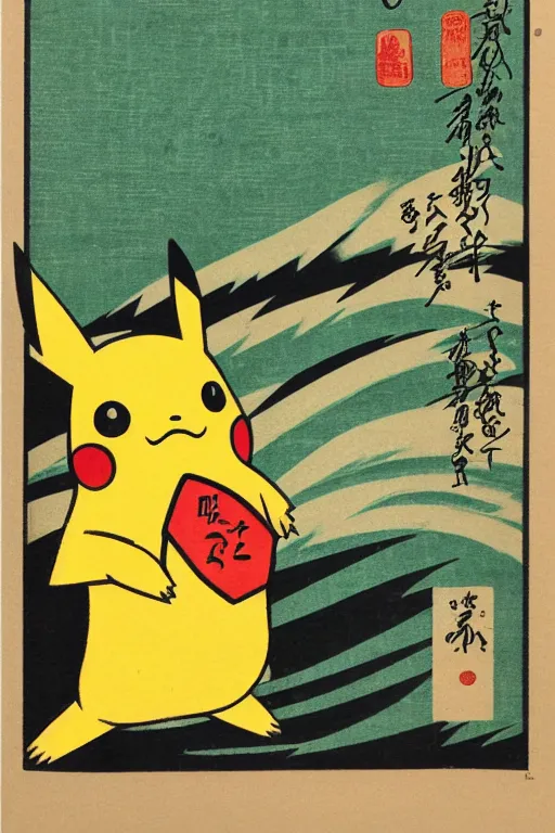 Image similar to surfing Pikachu, ukiyo Japanese woodblock print