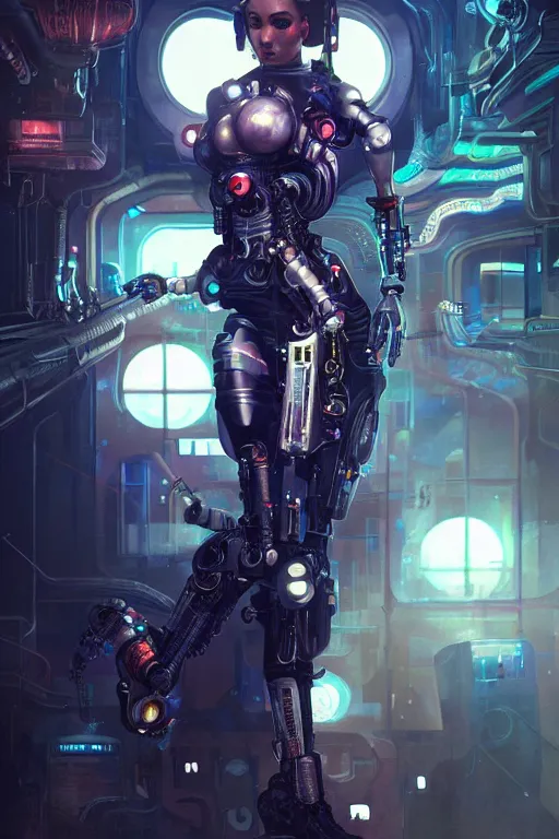 Image similar to ultra realistic, beautiful female cyborg in a crowded smoky cyberpunk club in space megalopolis, sci-fi, intricate details, eerie, highly detailed, octane render, 8k, art by artgerm and alphonse mucha and greg rutkowski