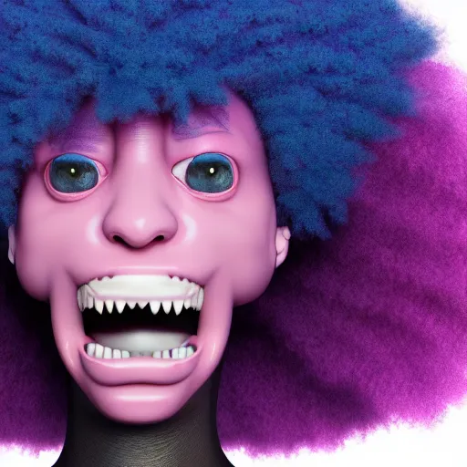 Image similar to a cyclops girl with a blue eye. pink afro hair. big mouth. 4k. ultrarealistic. render in octane