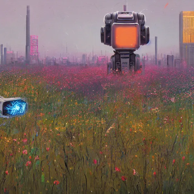 Prompt: a cyberpunk robot in a field of flowers by simon stalenhag