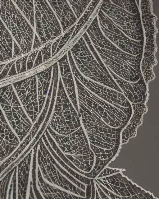 Prompt: close up of a retina, made of intricate decorative lace leaf skeleton, in the style of the dutch masters and gregory crewdson, dark and moody