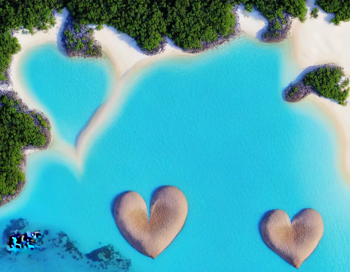 Image similar to closeup shot photo of realistic exotic tree heart / shaped island with blue lagoon and sand beach, sunset lighting