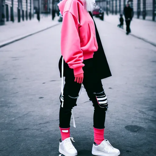 Prompt: photo of a female streetwear blogger, in 1925 berlin, photo from 2022, Fullbody color wideangle mediumshot dolly camera 4k 8k 130mm hd detailed