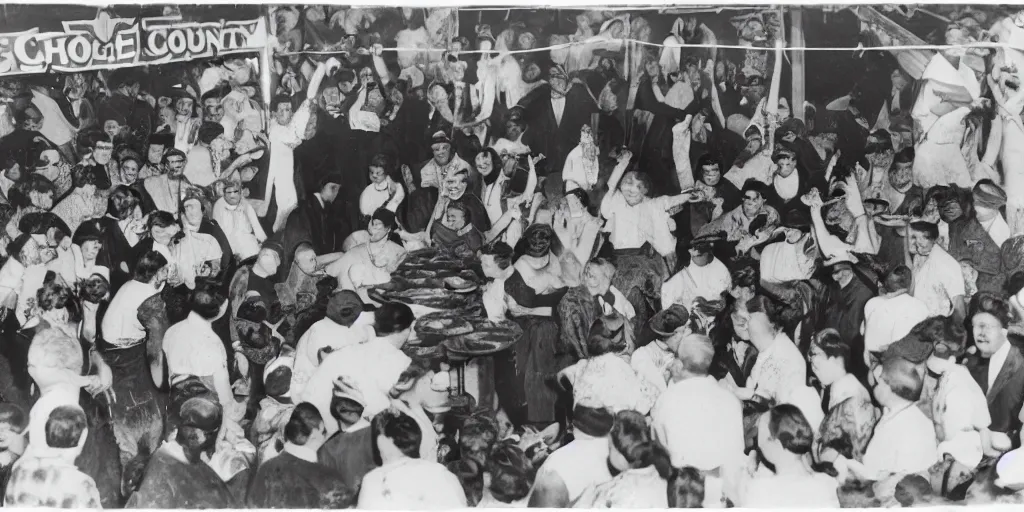 Image similar to black and white photo from the 1 9 2 0's of a pie eating contest with monster contestents making a horrible mess at the county fair