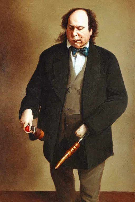 Image similar to portrait of george constanza, smoking a pipe, atmospheric