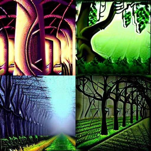Prompt: eerie forest, vines hanging from trees, dark, digital art