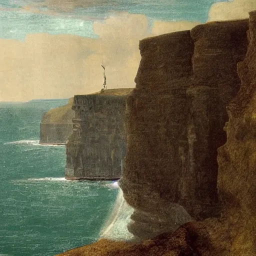 Prompt: portrait of william sheen by davinci watching over the cliffs of moher, high definition, golden ratio