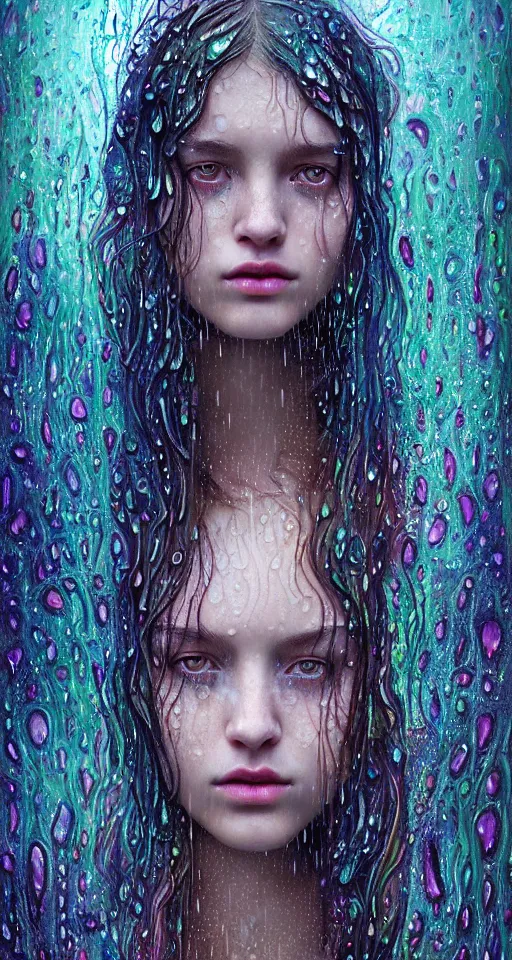 Image similar to portrait of a girl in psychedelic LSD rain with wet hair and face, fantasy, intricate, elegant, dramatic lighting, emotionally evoking symbolic metaphor, highly detailed, lifelike, photorealistic, digital painting, artstation, concept art, smooth, sharp focus, illustration, art by John Collier and Albert Aublet and Krenz Cushart and Artem Demura and Alphonse Mucha