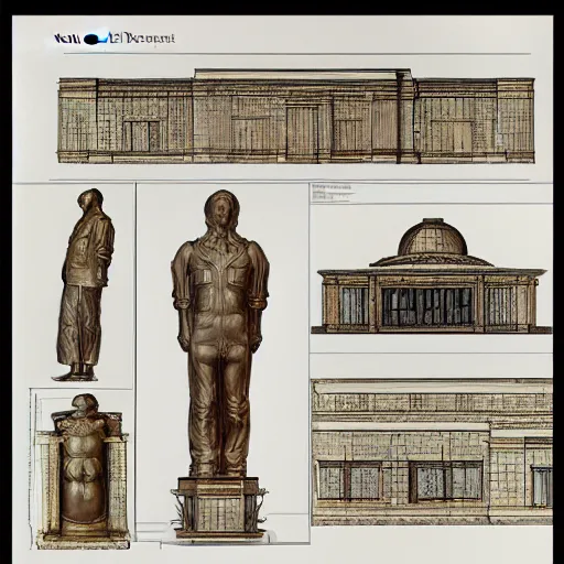 Prompt: architectural blueprint of a public bronze sculpture, with orthographic views