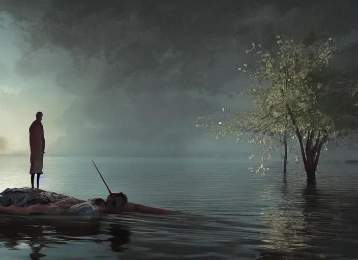 Prompt: A dead body floating in a lake, closeup digital painting, artstation, concept art, Sergey Kolesov , Breathtaking, 8k resolution, extremely detailed, beautiful, establishing shot, artistic, hyperrealistic, octane render, cinematic lighting, dramatic lighting, masterpiece, light brazen, extremely detailed and beautiful face