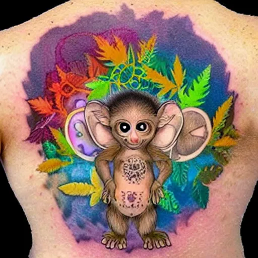 Image similar to shoulder tattoo of a multicolored hallucinogenis meditating cute bush baby, eyes are glowing rainbow spirals, long fur, happy mood, surrounded with colorful magic mushrooms and rainbow marihuana leaves, insanely integrate