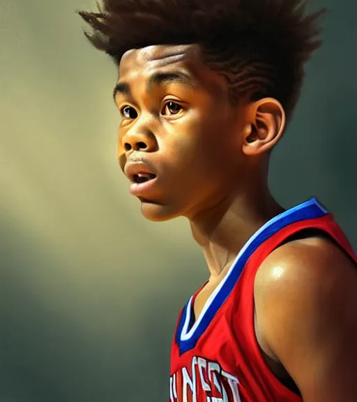 Prompt: portrait of a boy at a basketball court playing basketball wearing a basketball jersey in a basketball court standing near the basketball hoop, intense emotion, detailed facial expression, detailed surroundings, intricate, elegant, highly detailed, centered, digital painting, artstation, concept art, smooth, sharp focus, illustration, by (Johannes Vermeer), WLOP