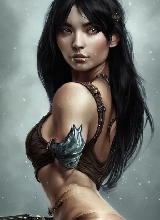 Image similar to a black haired woman in a tank top, muscular upper body, abs, d & d, fantasy, intricate, elegant, highly detailed, digital painting, artstation, concept art, smooth, sharp focus, illustration, art by dayer diego