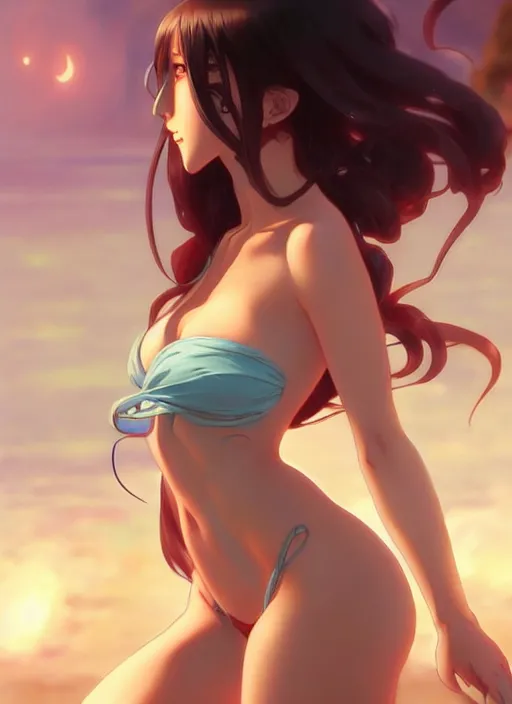 Prompt: “ beautiful anime girl in bikini as a cruel femme fatale intricate, elegant, highly detailed, digital painting, artstation, concept art, movie still, smooth, sharp focus uhd 8 k, art by artgerm and greg rutkowski and alphonse mucha ”