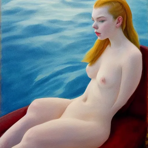 Image similar to Painting of Anya Taylor-Joy underwater, long blonde hair, delicate, pale milky white porcelain skin, by Edward Hopper. 8K. Extremely detailed.