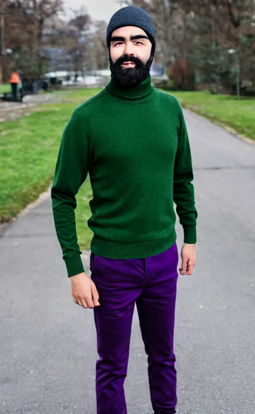 Prompt: a young man with a chin - style dark brown beard without mustache in a dark black cap, green turtleneck, purple pants and white sneakers in full height, perfect face